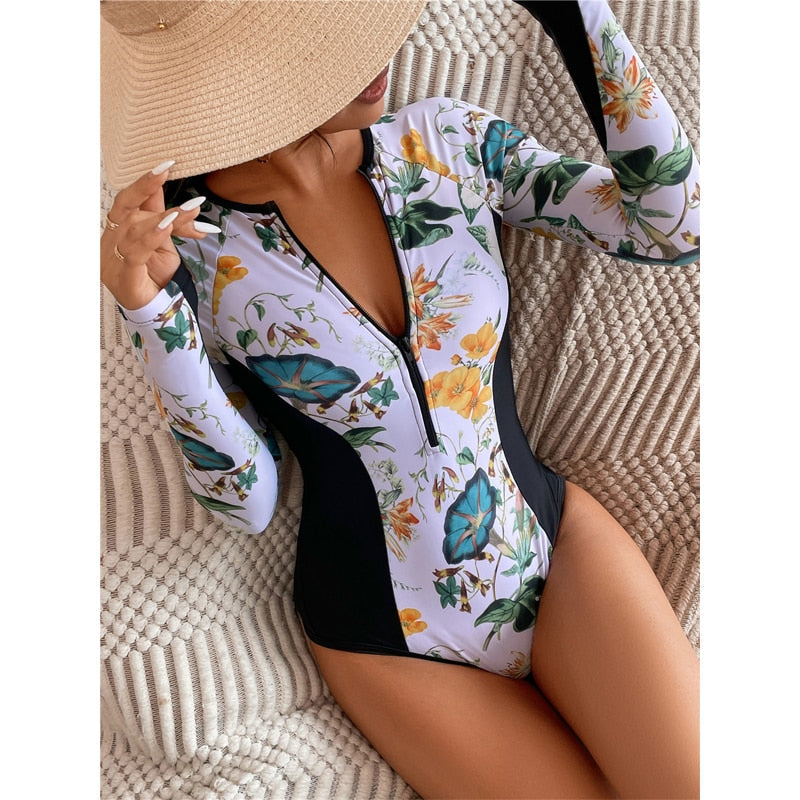 long sleeve one piece tummy control swimsuit